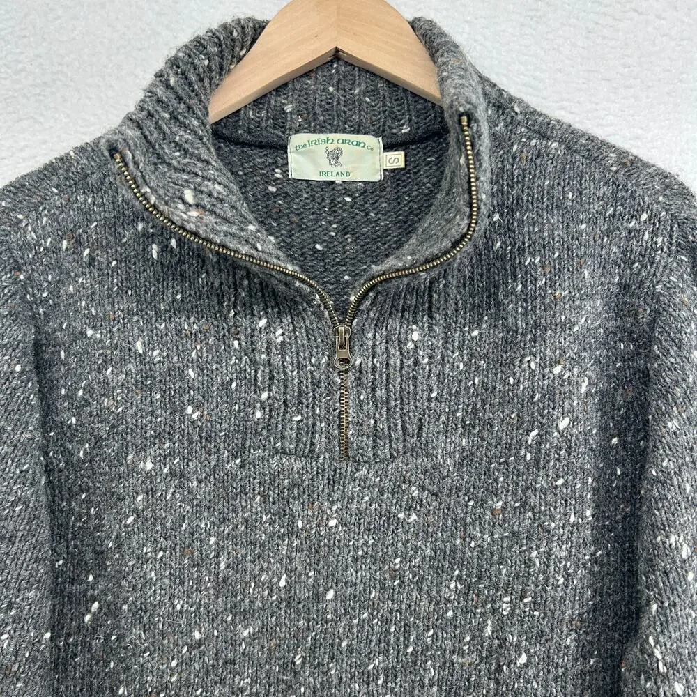 ARAN Sweater Mens S Irish Speckled 100% Merino Wool 1/4 Zip Pullover Jumper Gray
